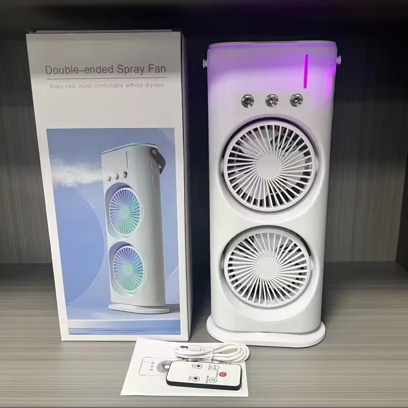 3 in 1 Double Head Mist Spray Fan Portable USB Rechargeable Air Cooler Fan with LED Light Humidifier for Outdoor House Travel