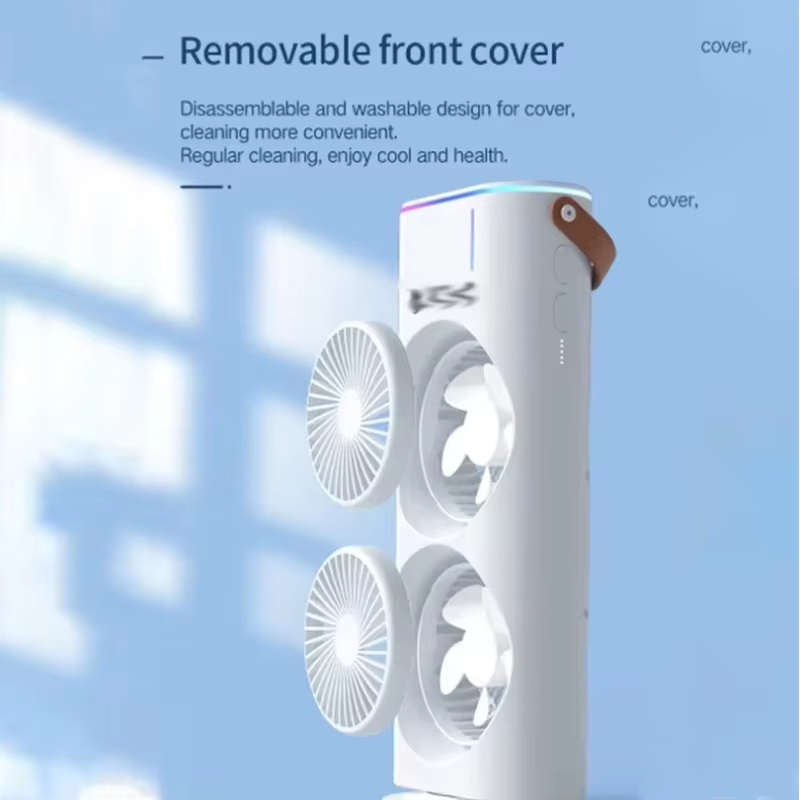3 in 1 Double Head Mist Spray Fan Portable USB Rechargeable Air Cooler Fan with LED Light Humidifier for Outdoor House Travel