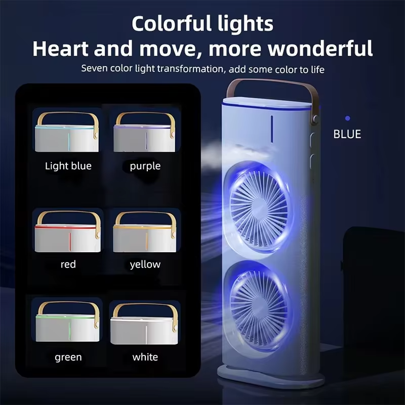 3 in 1 Double Head Mist Spray Fan Portable USB Rechargeable Air Cooler Fan with LED Light Humidifier for Outdoor House Travel